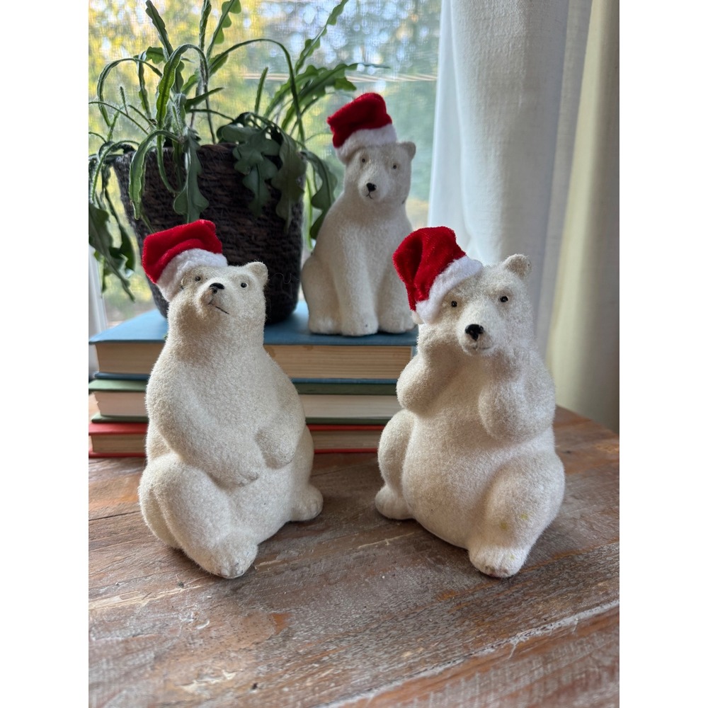 Vintage Flocked Polar Bear Christmas Figurines Set of 3 Santa Hat Winter Decor
